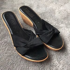 Italian Shoemakers Black Fabric Tan Sandal Wedges